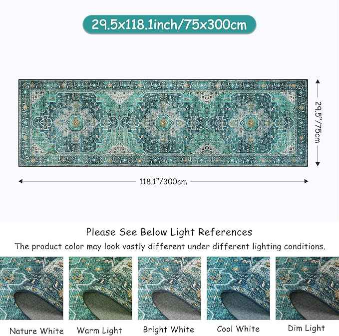 Moynesa Ultra-Thin Washable Runner Rug - 2'6" x 10' Teal Runners for Hallways Stair Carpet Runner, Oriental Non Skid Non Shedding Low Pile Kitchen Mat for Bedroom Mudroom Hardwood Floor