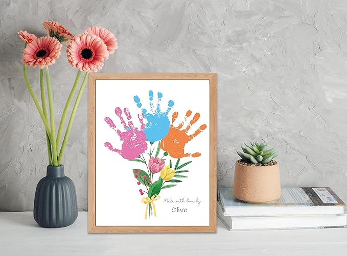 Flower Bouquet Handprint Art Craft Kit Birthday Gifts for Mom & Grandma, 10pcs DIY Baby Hand and Foot Print Greeting Cards, Mothers Day Crafts for Home Party Activities, Newborn Keepsake