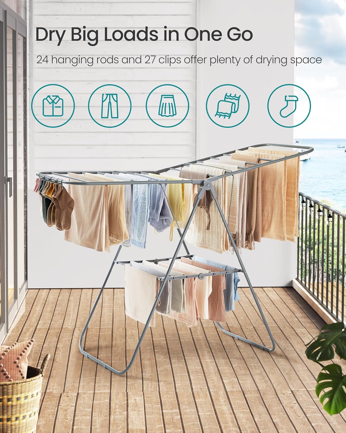 SONGMICS Clothes Drying Rack, with Sock Clips, Metal Laundry Rack, Foldable, Space-Saving, Free-Standing Airer, with 2 Height-Adjustable Gullwings, Indoor Outdoor Use, Gray ULLR052G01 - NestledHome