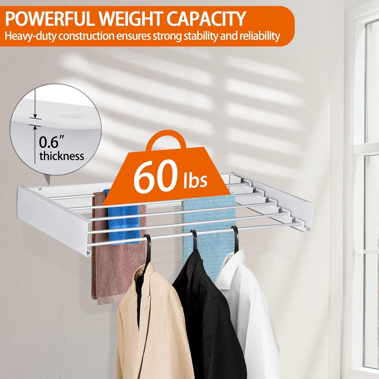 FOCHIER F Laundry Drying Rack Wall Mounted Clothes Drying Rack Collapsible with 4 Aluminum Rods and Drilling Template Long Screwdriver Bit 60 lbs Capacity (White, 23.6") - NestledHome