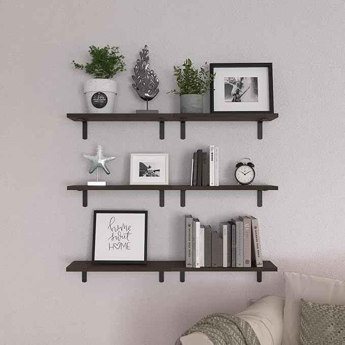 WOPITUES Wood Floating Shelves Set of 6, Shelves for Wall Decor, Farmhouse Shelf for Bedroom, Bathroom Storage Shelves, Book Shelves for Living Room, Dark Brown