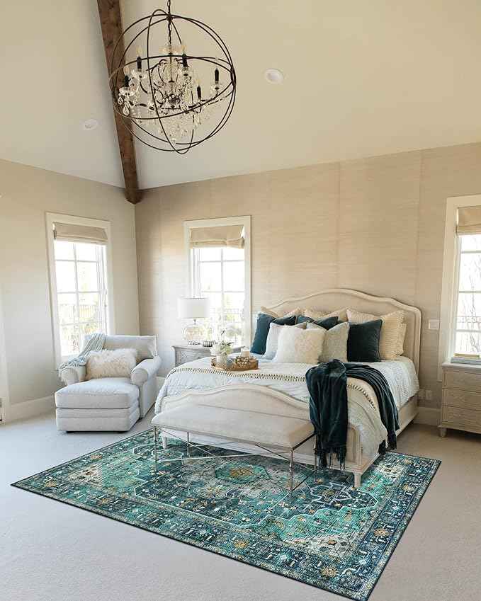 Moynesa Ultra-Thin Washable Vintage Area Rug - 5x7 Large Living Room Rug Boho Oriental Medallion Bedroom Mat Non-Slip Non-Shedding Dining Room Floor Carpet for Home Office, Teal/Mutil