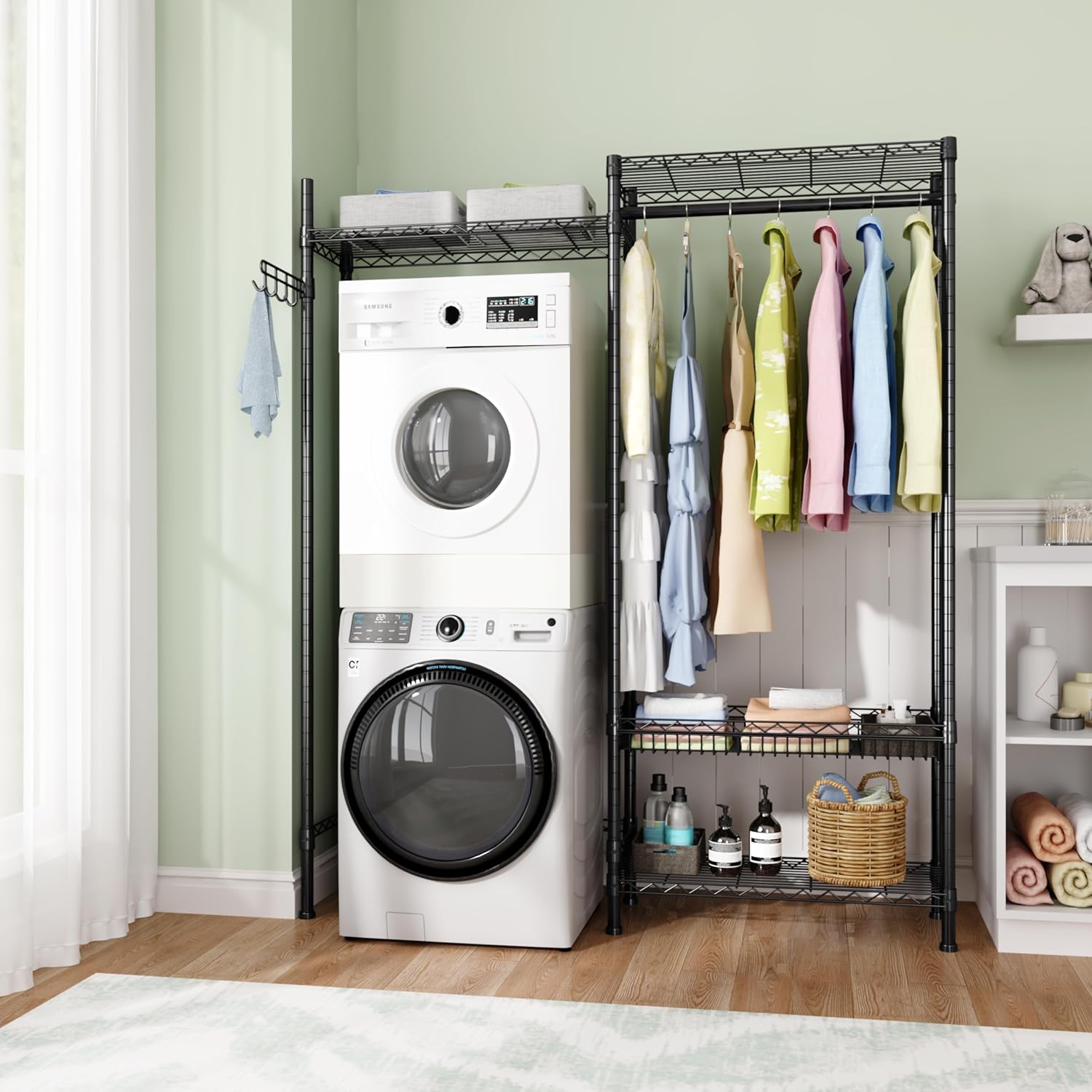 Over Washer and Dryer Shelves,Laundry Room Storage Organization Clothes Drying Rack,4 Tier Adjustable Height Wire Shelving with Wire Basket,Hanger Rod&Hook,Space Saving Shelf - NestledHome