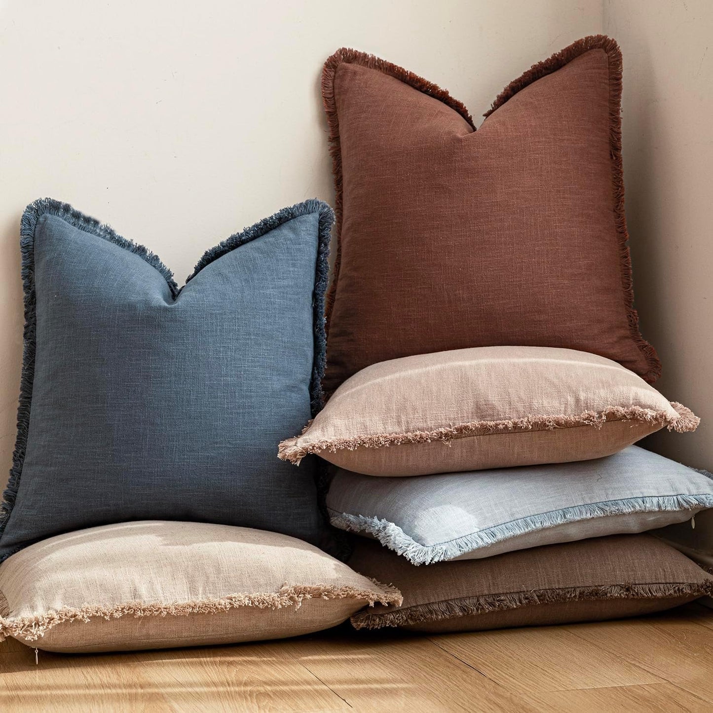 Foindtower Set of 2 Decorative Linen Fringe Lumbar Throw Pillow Covers Farmhouse Cushion Cover with Tassels Soft Accent Pillowcase for Couch Sofa Bed Living Room Home Decor,12×20 Inch,Dark Blue