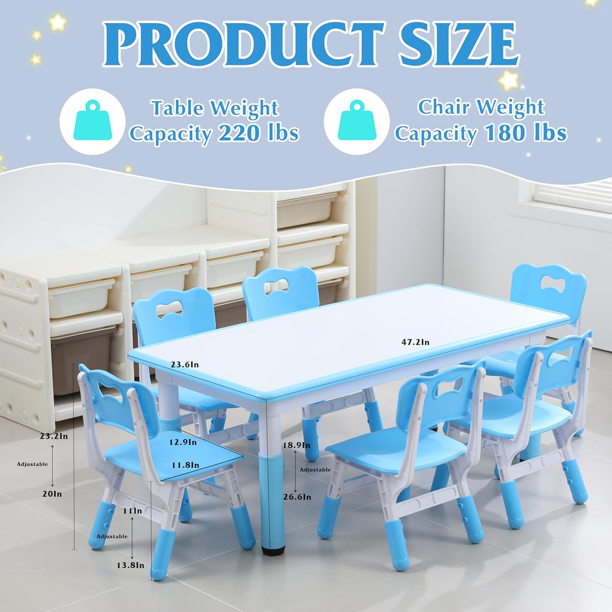 Kids Table and 6 Chairs Set with Graffiti Desktop, Toddler Furniture Set, Non-Slip, Table Children Study Desk, Dining Table, Height Adjustable Desk, Painting Desktop for Kids (47.2x23.6Inch) - NestledHome