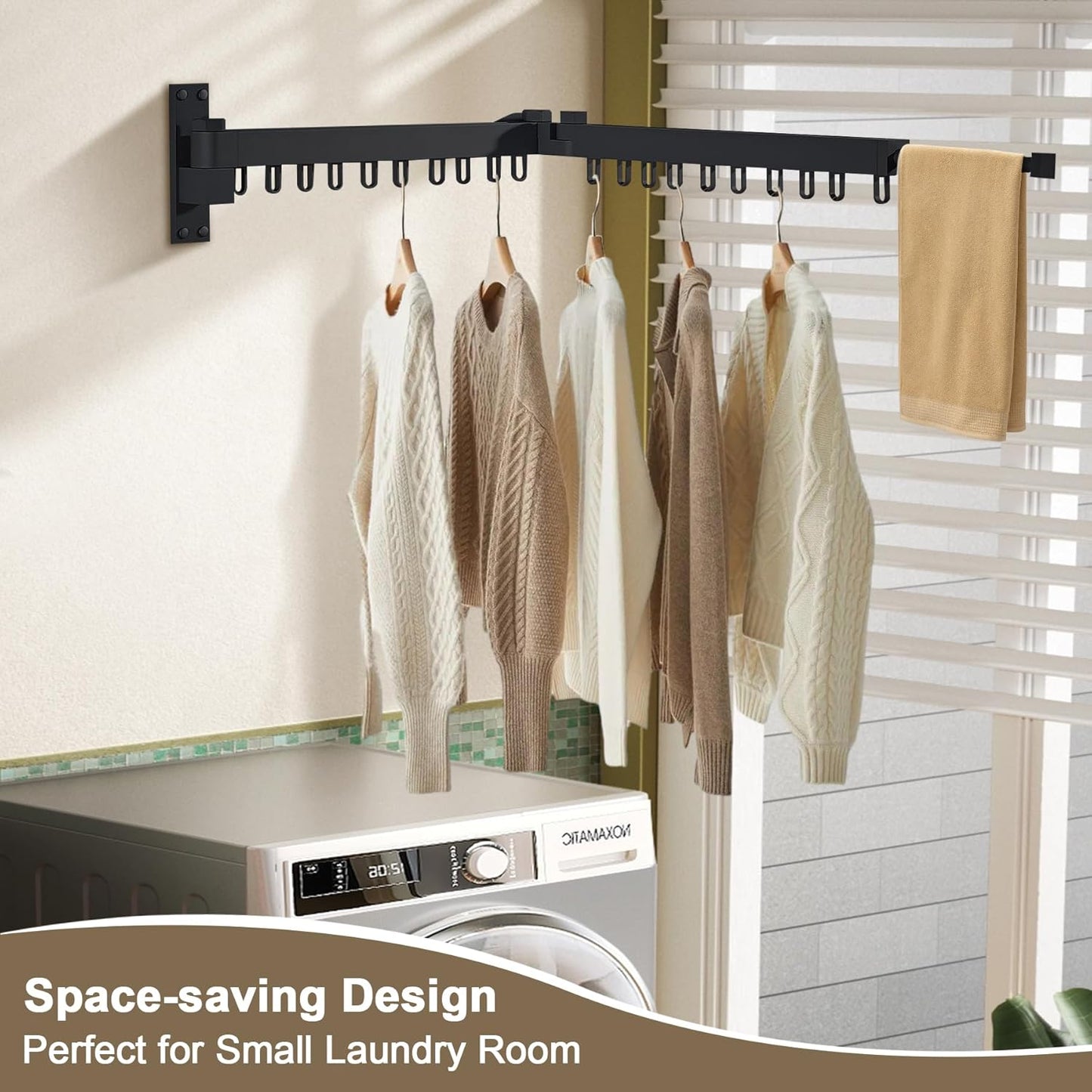 Bakala Clothes Drying Rack Foldable, Laundry Drying Rack Clothing Wall Mounted, Clothing Racks for Hanging Clothes, Heavy-duty Space Saving Hanger,Retractable,Expandable,Collapsible, 64" (Hooks,Black) - NestledHome
