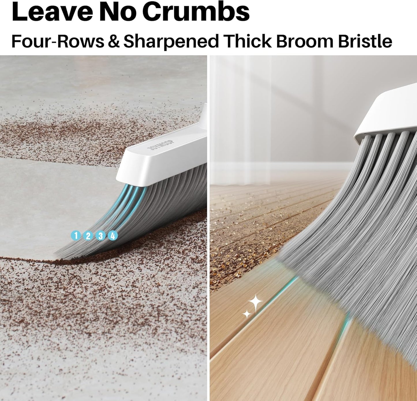 JOYMOOP White Broom and Dustpan Set, Upright Angle Design with Built-in Comb Teeth for Kitchen, Office, Pet Hair, Hard Floors - NestledHome