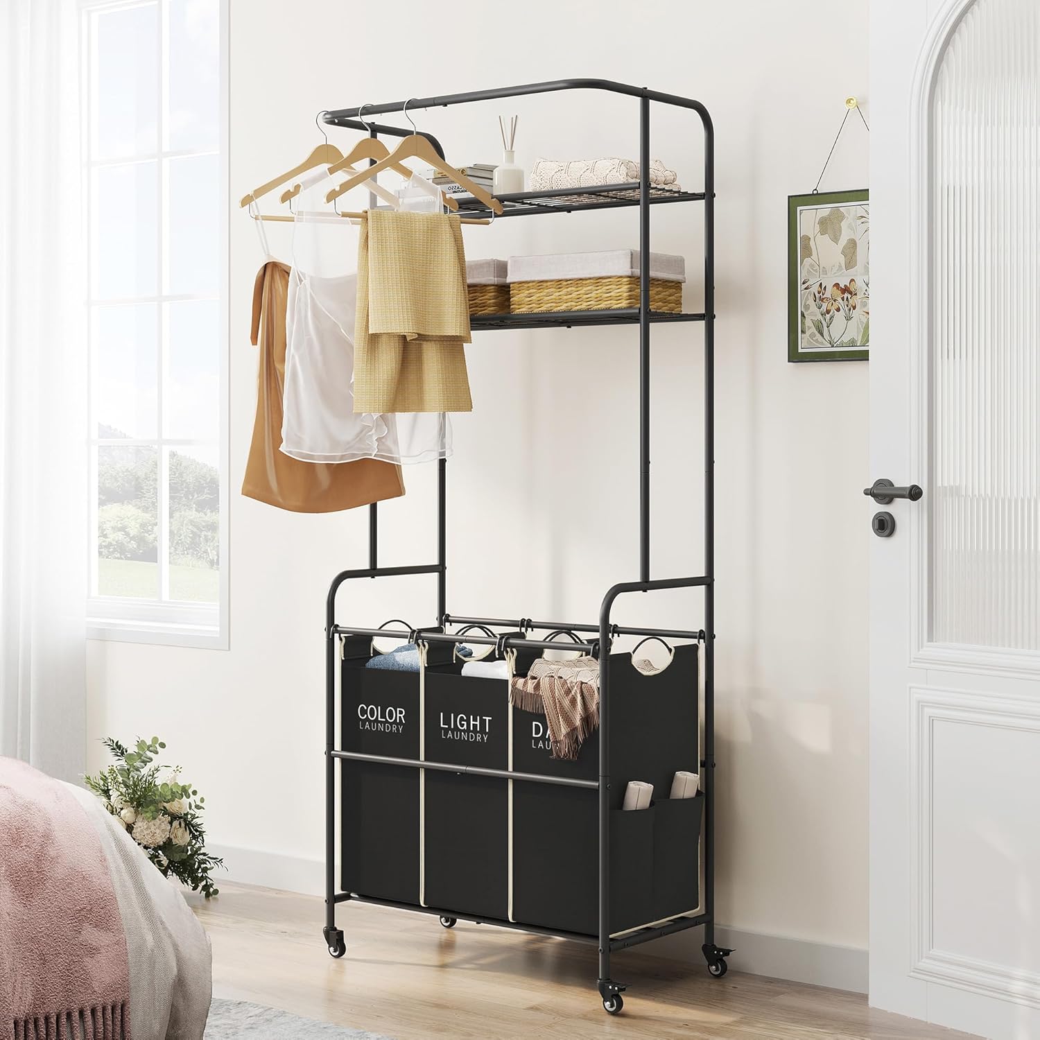 Laundry Sorter 3 Section,Laundry Hamper Cart with Hanging Rack & Removable Bags,Heavy Duty Laundry Basket with Wheels & 2 Tier Shelf,Space-Saving Laundry Basket Organizer for Laundry Room - NestledHome