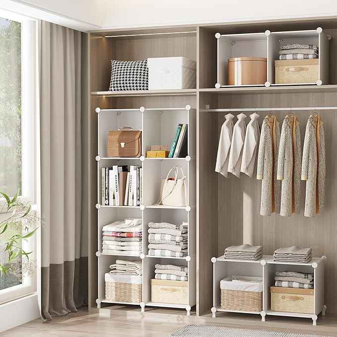 AWTATOS Cube Storage Organizer, 16 Cube Closet Organizer, Stackable Storage Cube Shelves, DIY Portable Closet Clothes Organizer Shelving for Bedroom, Closet, Wardrobe, Bathroom, White