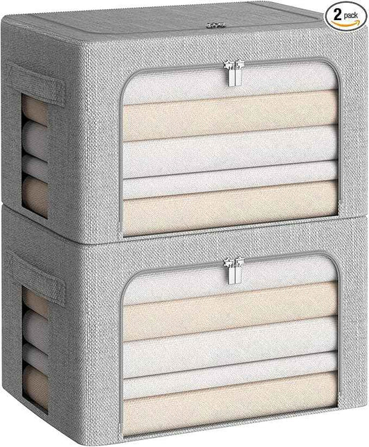 CYhom Clothes Storage Bins Box - Linen Fabric Foldable Stackable Container Organizer Set with Clear Window & Carry Handles & Metal Frame (Light Grey, Medium-36L)