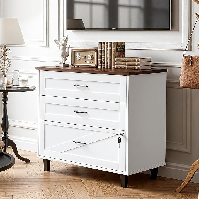 3 Drawer File Cabinet 32" Wide Lateral Filing Cabinets with Hanging File Folders for A4 Letter Legal Wood Office Storage Organizer Furniture Printer Stand for Home Office, Living Room（White）