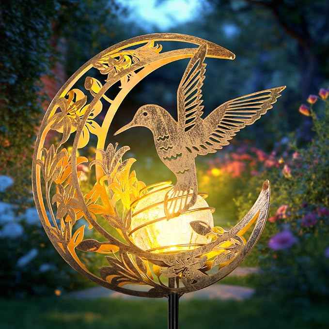 Solar Hummingbird Garden Gifts for mom/Grandma/Women,Lights Outdoor Decor - Moon & Bird SolaGardenLights Waterproof, Auto On/Off Pathway Lighting for Yard/Lawn/Patio,Thanksgiving Day