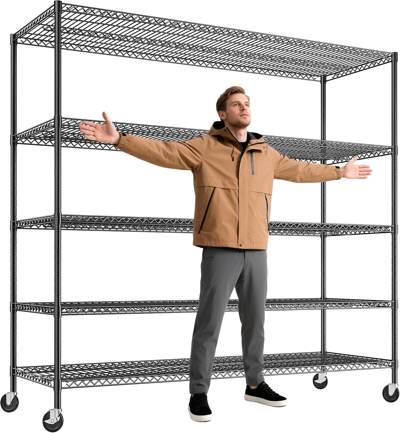 REIBII 85.7"H Storage Shelves 2998LBS Metal Shelving Units with Wheels&Feet, 5 Tier Garage Shelving Heavy Duty Adjustable Wire Shelf for Pantry Garage Commercial Industrials, 85.7"H X 55.5"W X 24.2"D - NestledHome