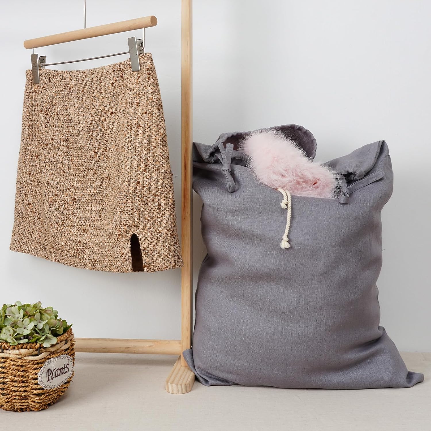 Linen Hanging Laundry Bag, Over The Door Laundry Hamper for Dirty Clothes, Drawstring Closure with Bottom Zipper, Gray - NestledHome
