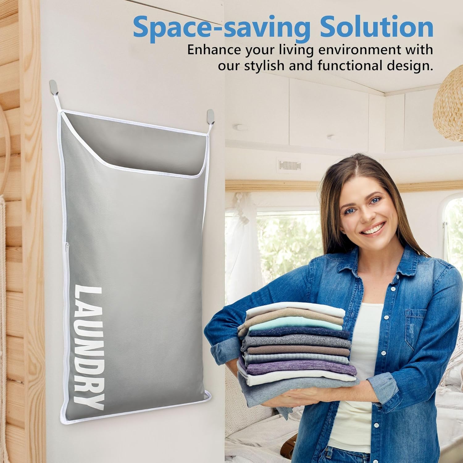 Hanging Laundry Hamper Bag XL 40x22", Space Saving over the Door Storage Bags, Behind the Door Hampers for Dirty Clothes & Wall Mounted Basket for Bathroom, Organizer for Small Room Spaces RV - NestledHome