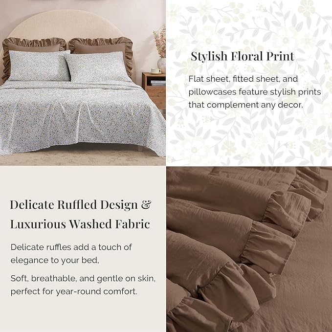 King Comforter Set - 7 Pieces Ruffle Amber Brown Bedding Sets, Shabby Chic Farmhouse Bed in a Bag with Ruffle Comforter, Floral Sheets, Pillowcases & Shams
