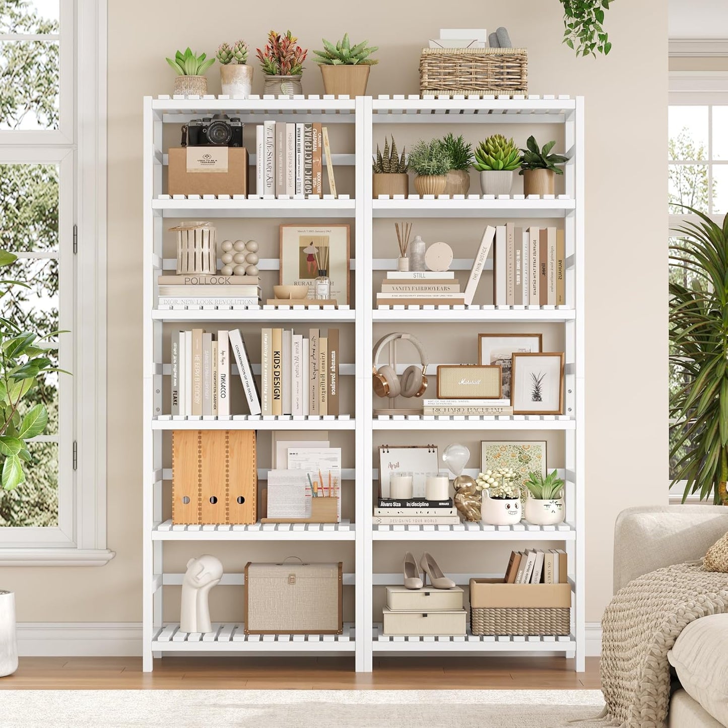 FOTOSOK 6-Tier Bamboo Shelf, Bamboo Bookcase with Adjustable Shelves, Free Standing Storage Shelf Unit, Plant Flower Stand for Bathroom, Kitchen, Home Office, White - NestledHome