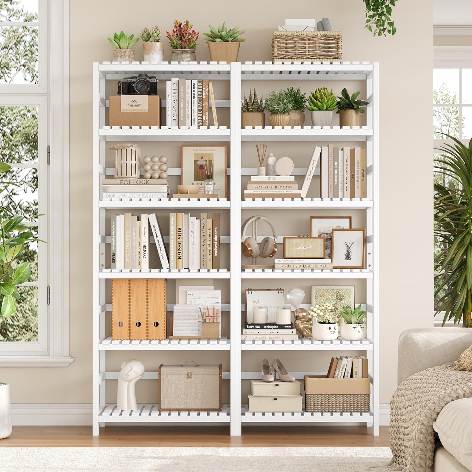 FOTOSOK 6-Tier Bamboo Shelf, Bamboo Bookcase with Adjustable Shelves, Free Standing Storage Shelf Unit, Plant Flower Stand for Bathroom, Kitchen, Home Office, White - NestledHome