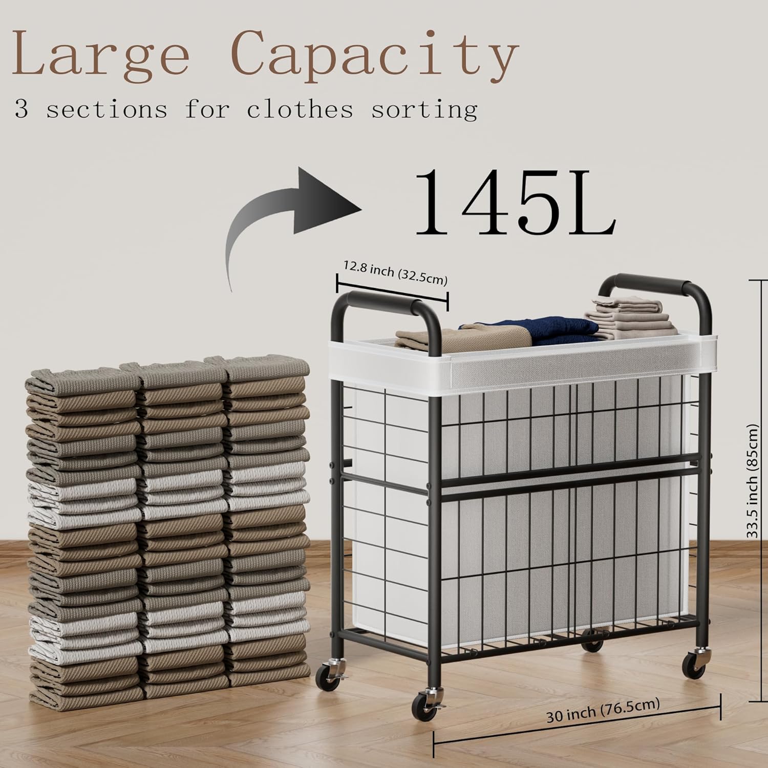 Laundry Hamper 3 Section, 145L Rolling Laundry Sorter Basket with Wheels, 3 Compartment Clothes Organizer Cart, Pull-Out Removable Bags for Laundry Room, Bathroom, Bedroom, White - NestledHome
