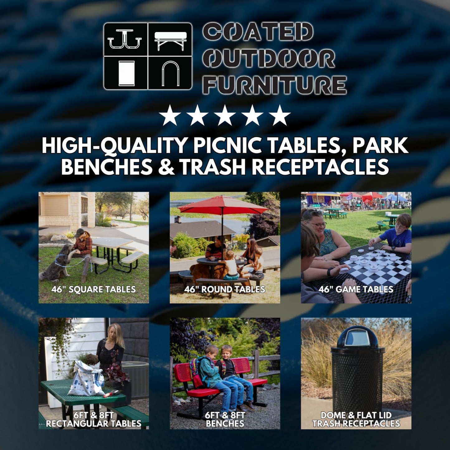 Heavy-Duty Portable Outdoor Picnic Table with Umbrella Hole, Punched Steel Commercial-Grade Patio Dining Furniture Made in America (46" Round Top, Textured Black)
