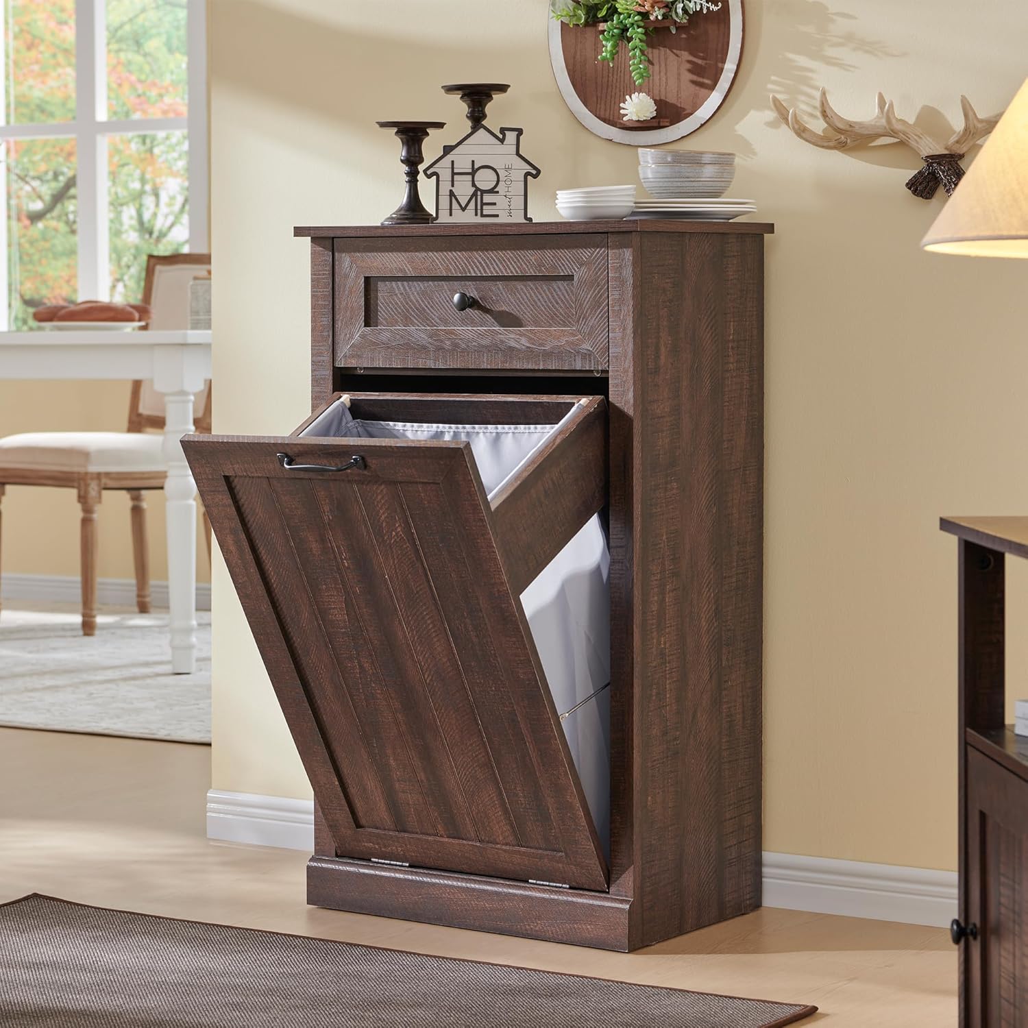 Tilt Out Laundry Hamper Cabinet, 10 Gallon Farmhouse Trash Can Cabinet with Drawer, Hidden Wood Garbage Can Bin Cabinet with Laundry Storage Basket for Bathroom, Kitchen, Brown - NestledHome