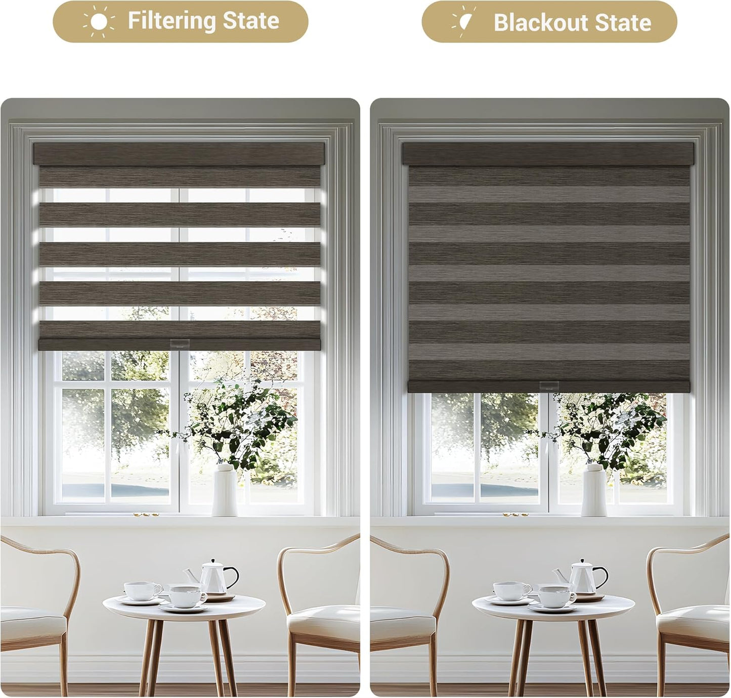 Cordless Zebra Blinds for Windows, Blackout Interior Blinds,Easy to Install,UV Protection,for Offices and Home,Custom Roller Shades, Mousse Dark Bown,55" W x 88" H