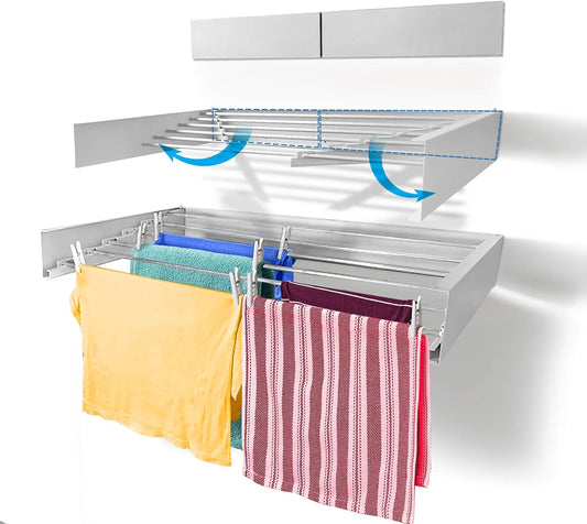 Step Up Laundry Drying Rack, Wall Mounted, Retractable Clothes Drying Rack, 60lbs Capacity, 20 Linear Ft, with Wall Template and Long Screwdriver Bit (40" White) - NestledHome