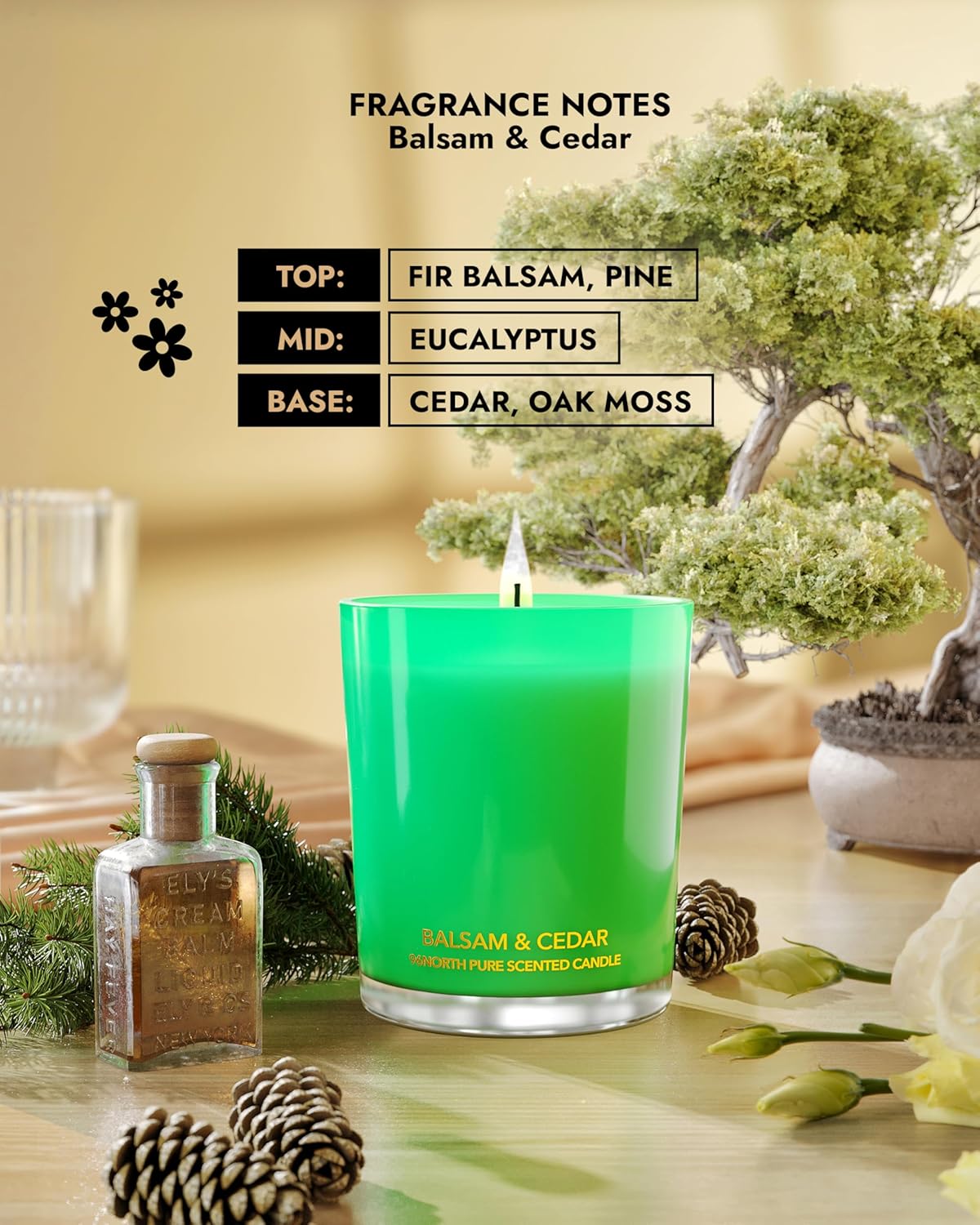96NORTH Pure Candle Balsam & Cedar Scented | 100% Natural Soy Wax | 1-Wick Jar Candle | Natural Fragrance Technology | Non Toxic | Up to 35 Hours Burning Time | Ideal Christmas Candles Gift - NestledHome