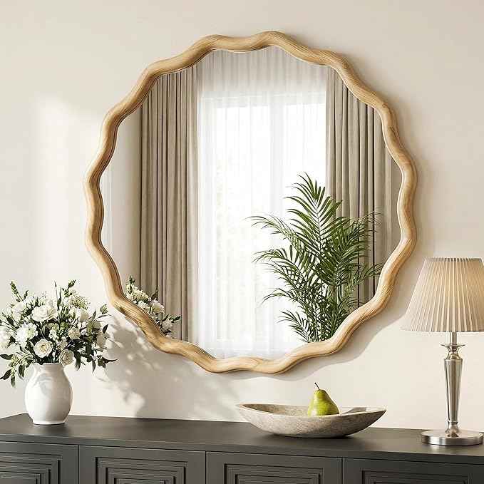 Round Wood Mirrors for Wall, 28" Boho Circle Wavy Mirror with Wooden Frame, Decorative Mirror with Tempered Glass, Natural Wooden Frame Vanity Mirror for Bedroom, Living Room, Entryway