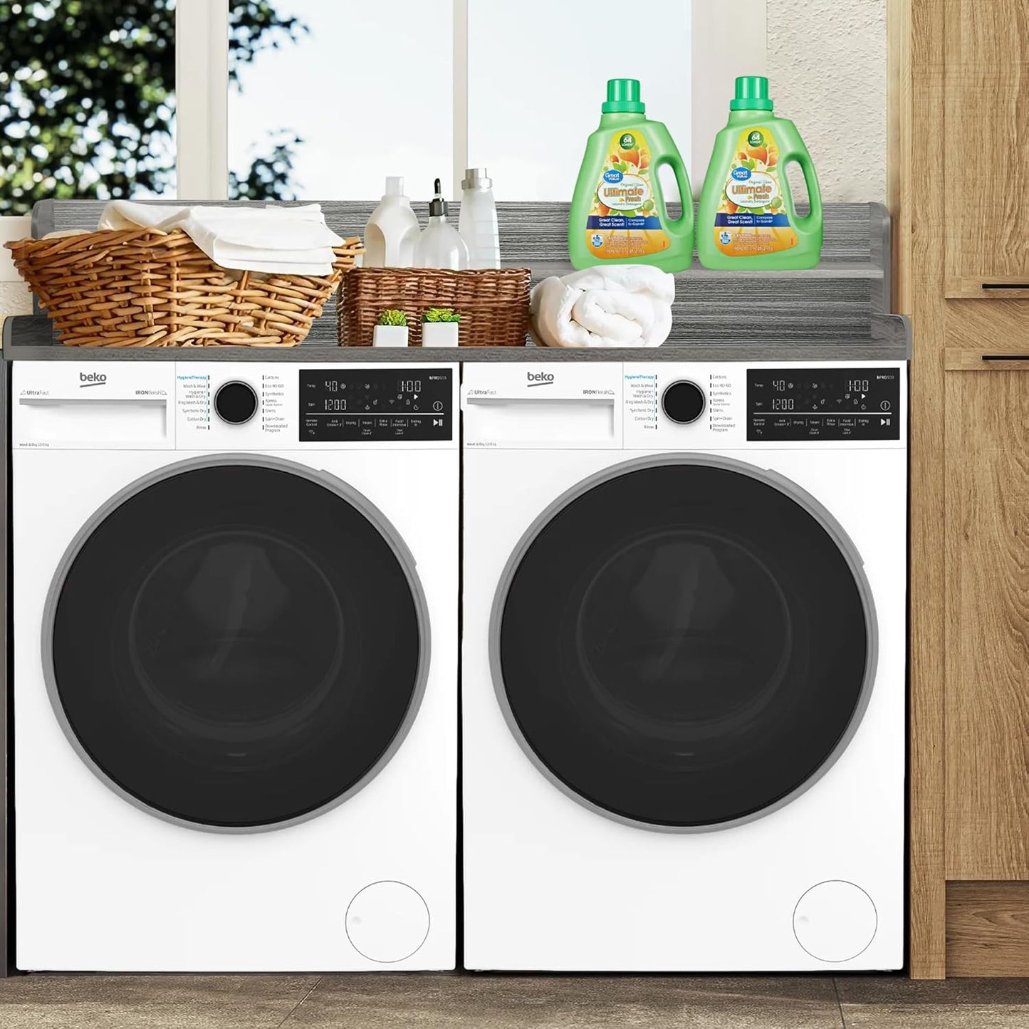 Royxen Laundry Countertop with 2-tier Shelf Universal Fit, Washer and Dryer Countertop with Storage Space, Shelf Height 11.5 Inches, Solid Wood, Eucalyptus - NestledHome