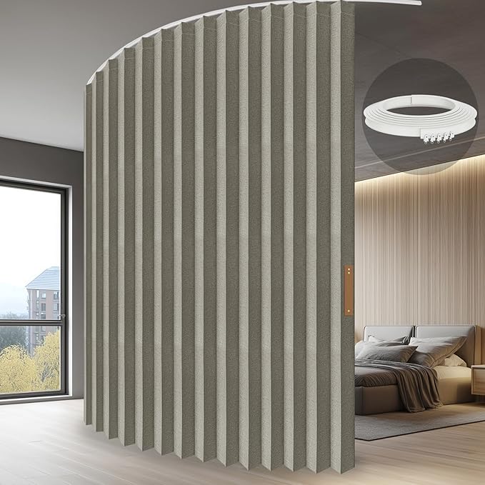 Folding Accordion Partition Divider with Ceiling Track - Hanging Room Curtain, Quick Setup(Grey 100" W x 96" L-Pack of 1)