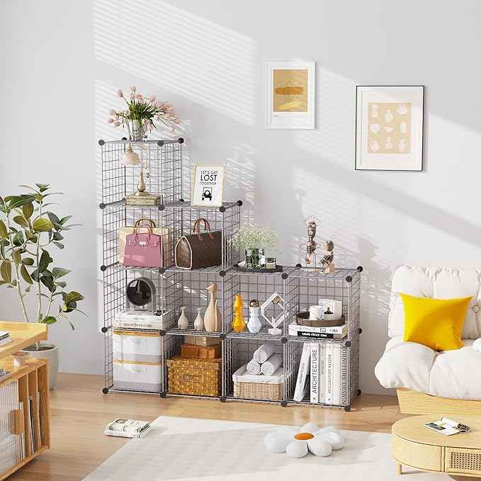 C&AHOME Wire Cube Storage, 12 - Cube Organizer Metal C Grids, Modular Shelves Units, Closet Organizer, Ideal for Home, Office, Living Room, 36.6”L x 12.4”W 48.4”H, Silver Gray UWCS3012G