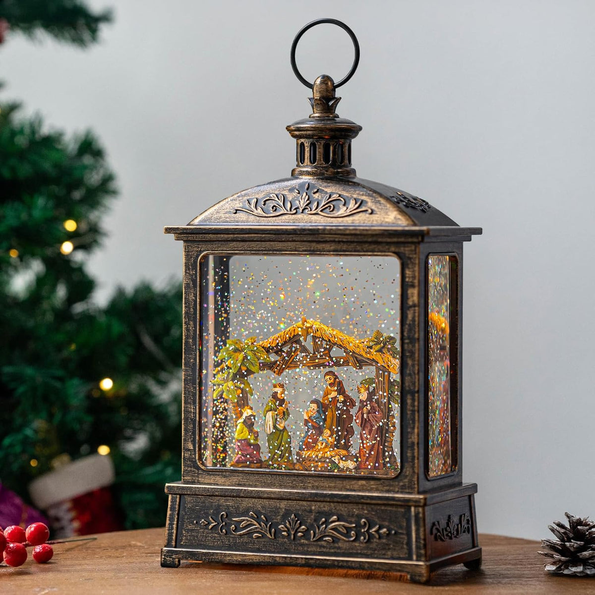 12.5'' Christmas Snow Globe Lighted Manger Nativity Scene, Musical Water Lantern Play Silent Night Music in Swirling Glitter, for Home, Battery Operated or USB Powered