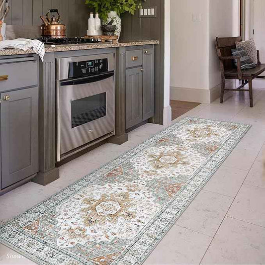 Moynesa Ultra-Thin Washable Runner - 2'6" x 8' Hallway Rug, Kitchen & Bathroom Carpet, Vintage Printed Low Pile Entryway Runner for Apartment, Camper, RV, Beige/Gold
