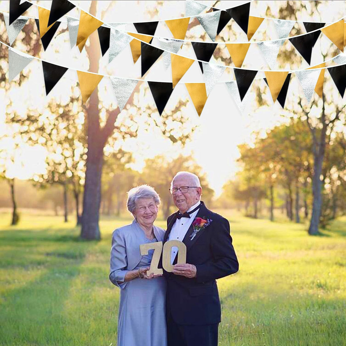 Black Gold Silver Party Decoration Triangle Pennant Banner Flag Metallic Fabric Bunting Garland for Birthday Graduation Anniversary Wedding Bridal Shower Bachelorette Engagement Disco Party Supplies - NestledHome