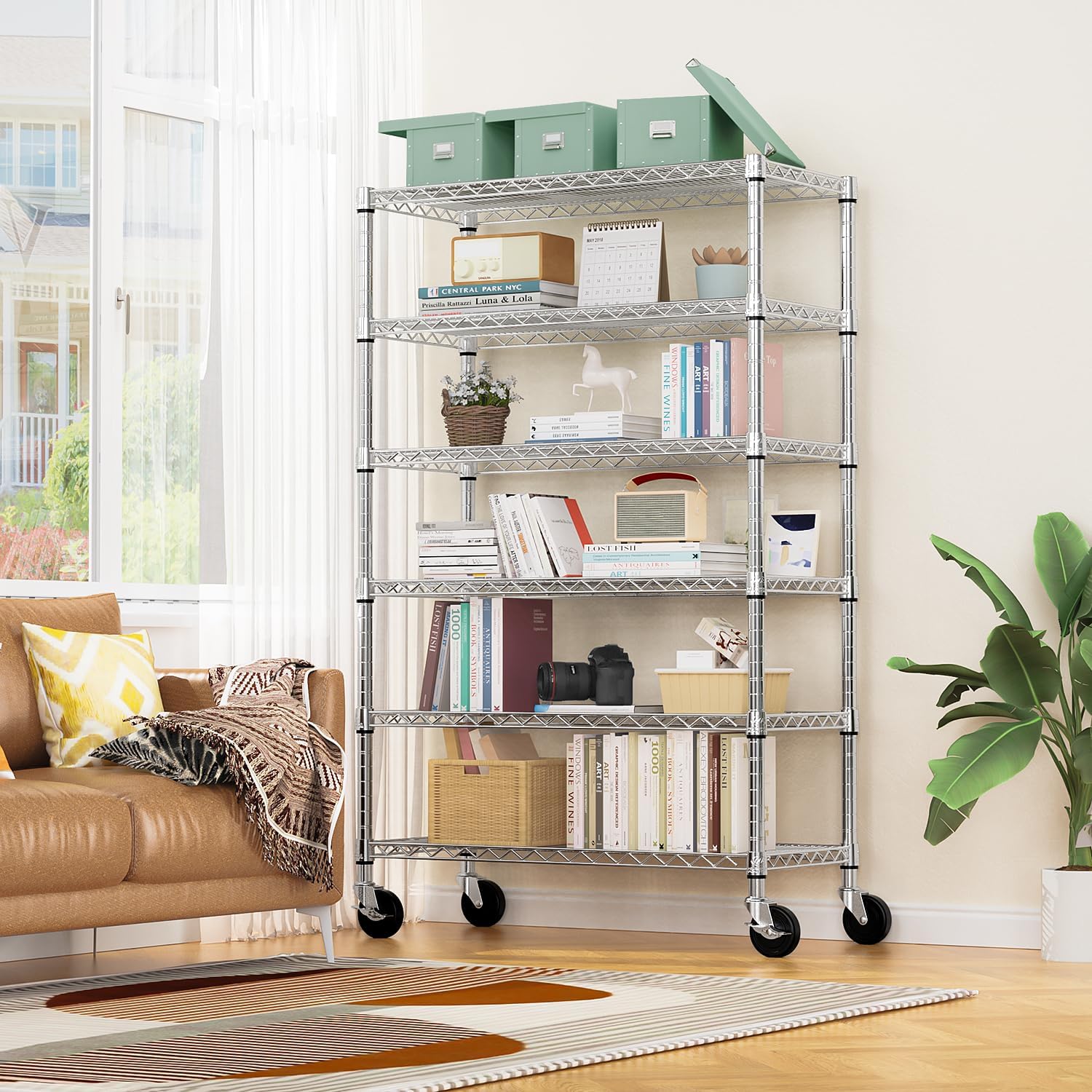 Steel Storage Shelving 6-Tier Utility Shelving Unit with Wheels, Steel Organizer Wire Rack for Home,Kitchen,Office,Garage,17.7" D x 47.2" W x 76.7" H - NestledHome