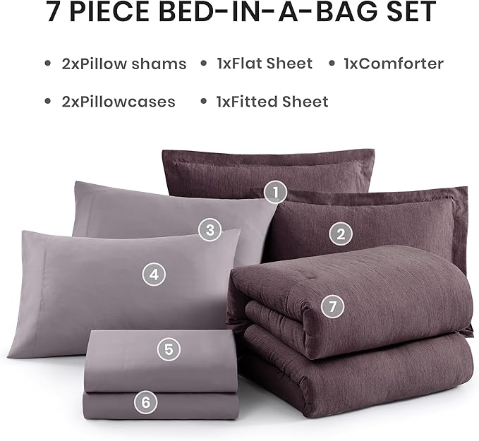 Monbix Queen Comforter Set - 7 Pieces Cationic Dyeing Italian Plum Bed in a Bag Queen Bedding Sets with Comforter, Sheets, Pillowcases & Shams, Reversible Bedding Comforters Sets