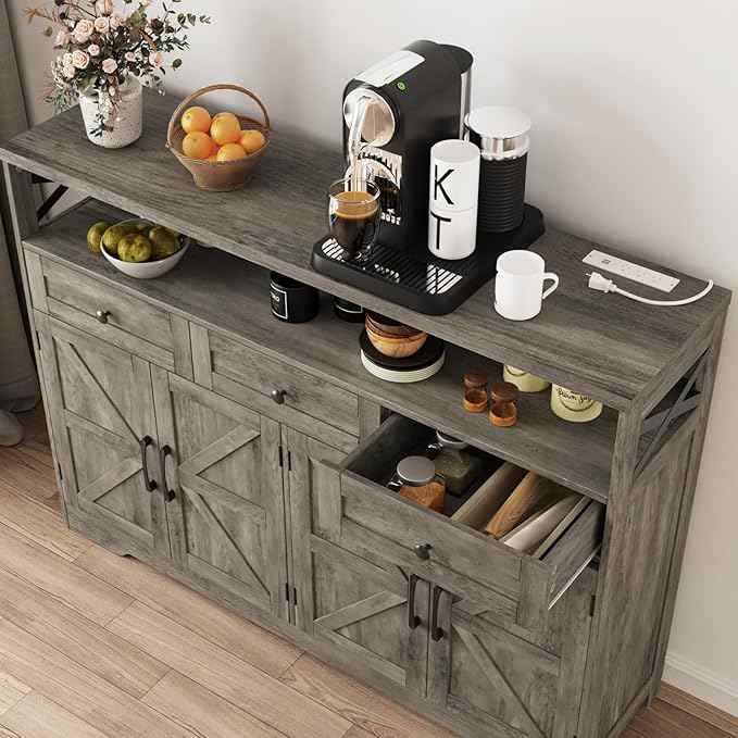 Farmhouse Buffet Cabinet with Drawers, Sideboard with Storage, Kitchen Pantry Cabinet Hutch, Wood Coffee Bar Station for Kitchen, Livingroom, 52" L Rustic Grey