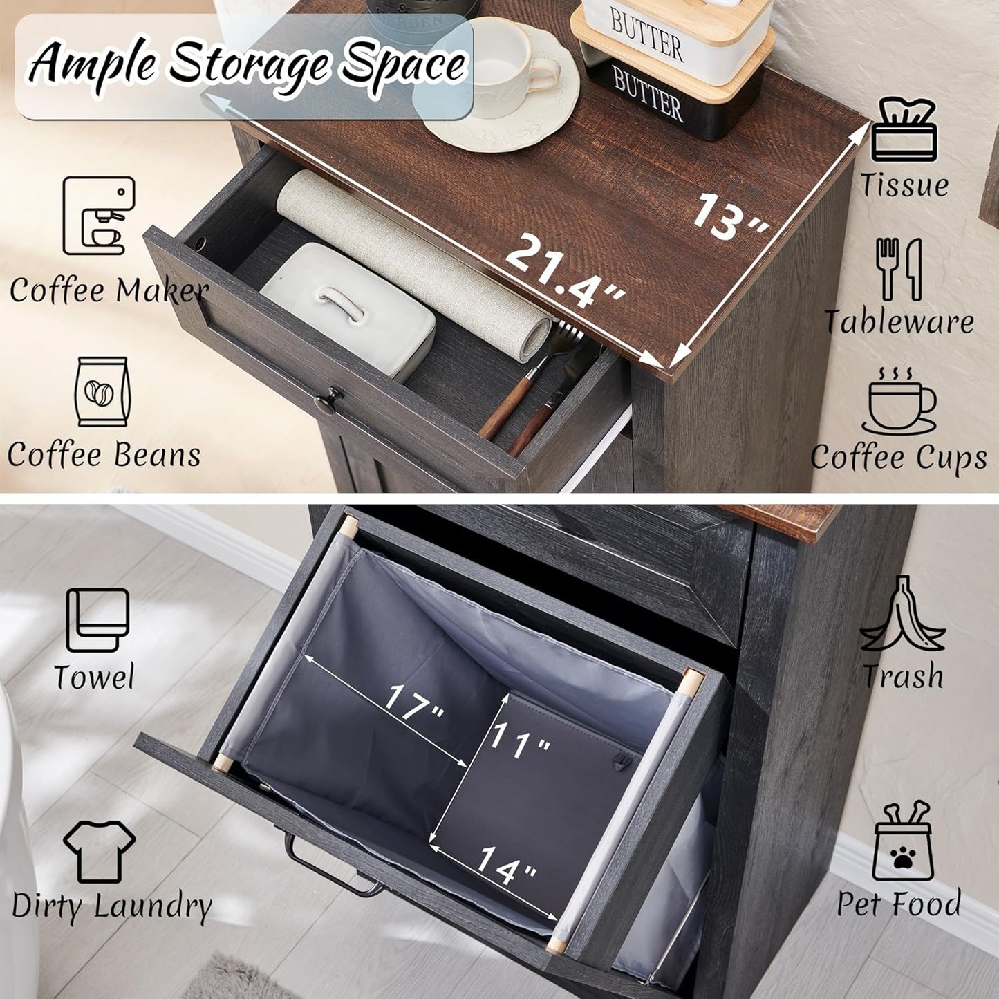 Tilt Out Laundry Hamper Cabinet, 10 Gallon Farmhouse Trash Can Cabinet with Drawer, Hidden Wood Garbage Can Bin Cabinet with Laundry Storage Basket for Bathroom, Kitchen, Dark Grey - NestledHome