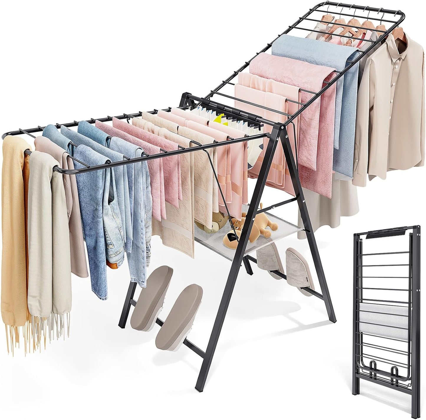 APEXCHASER Foldable Clothes Drying Rack, Metal Laundry Drying Rack Collapsible, Ultra Thin Clothes Rack for Sweater Bra Towel for Indoor & Outdoor Use, Height Adjustable Gullwing Clothes Airer, Black - NestledHome