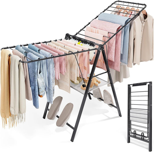 APEXCHASER Foldable Clothes Drying Rack, Metal Laundry Drying Rack Collapsible, Ultra Thin Clothes Rack for Sweater Bra Towel for Indoor & Outdoor Use, Height Adjustable Gullwing Clothes Airer, Black - NestledHome
