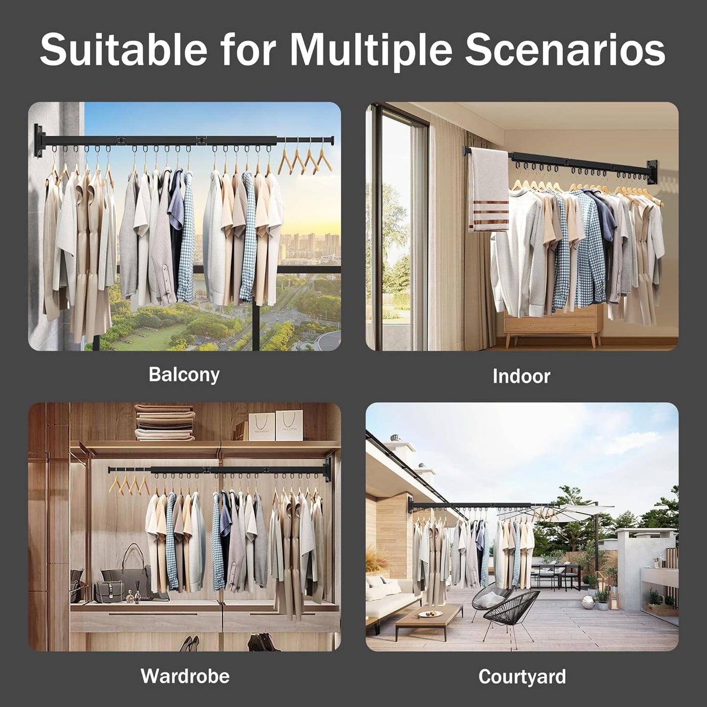 Wall Mounted Clothes Drying Rack, Retractable & Collapsible, Foldable Black-Ring Laundry Hanger - NestledHome