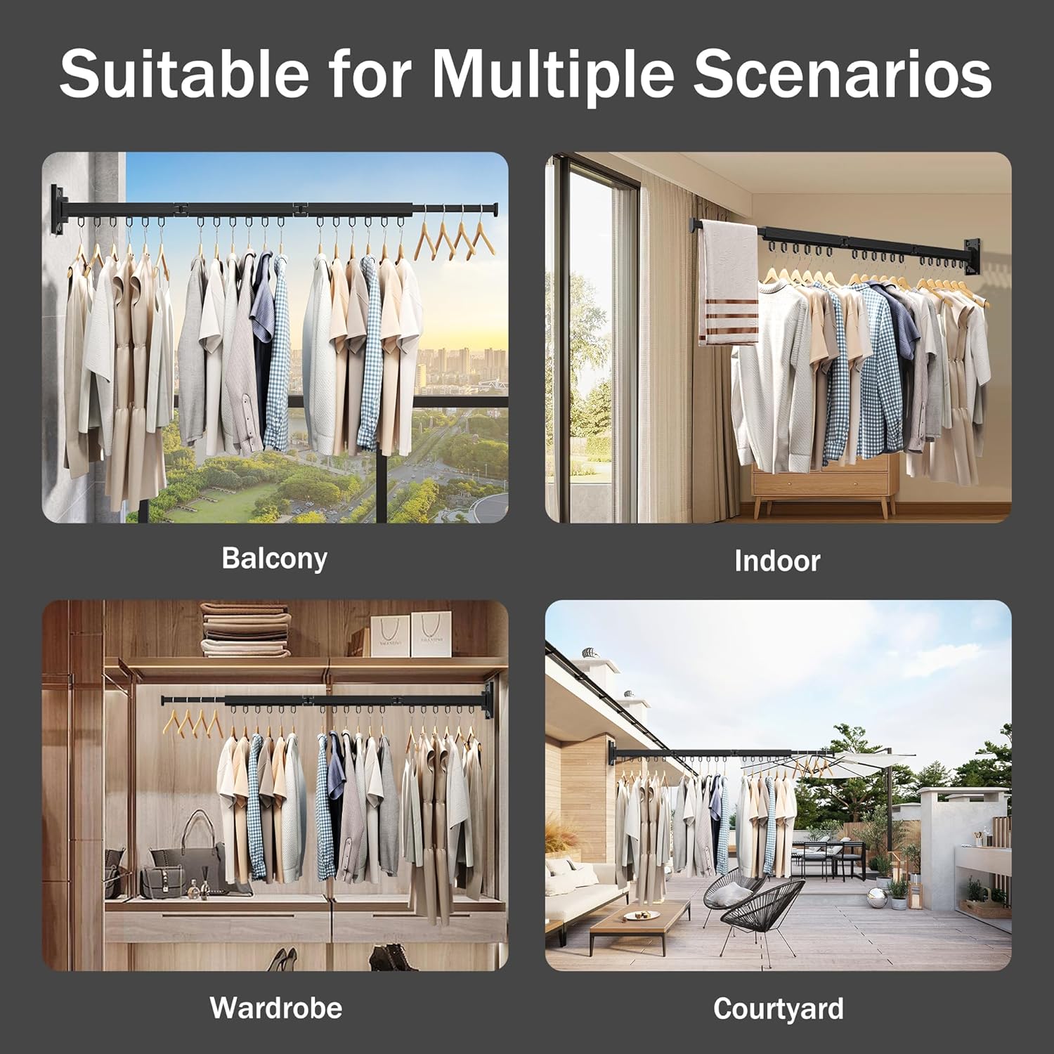 Wall Mounted Clothes Drying Rack, Retractable & Collapsible, Foldable Black-Ring Laundry Hanger - NestledHome
