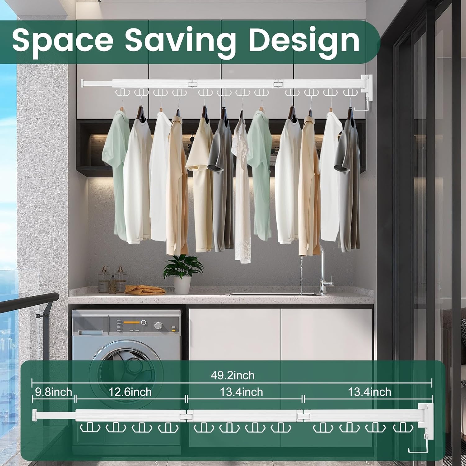Wall Mounted Clothes Drying Rack, Laundry Drying Rack Wall Mount, 3-Fold Drying Rack Clothing, Foldable Clothes Drying Rack with 12 Dual Hooks Organization for Laundry Room Indoor - White - NestledHome
