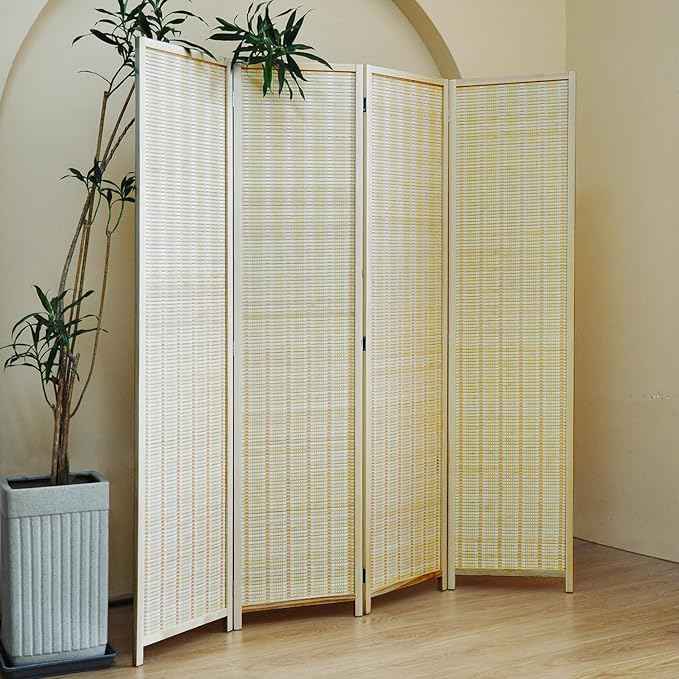4 Panel Bamboo Room Divider and Folding Panel Screen,Bamboo Panel Divider for Room Separation,Beige,67" H x 61.4" W