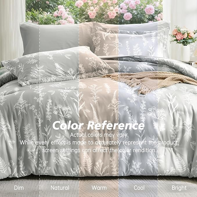 MUXHOMO Silver Grey Full Comforter Set, Elegant Floral Print Bed in a Bag 7 Pieces, Ultra Soft & Breathable Reversible Botanical Pattern Bedding Set with Comforter, Sheets, Pillowcases, and Shams