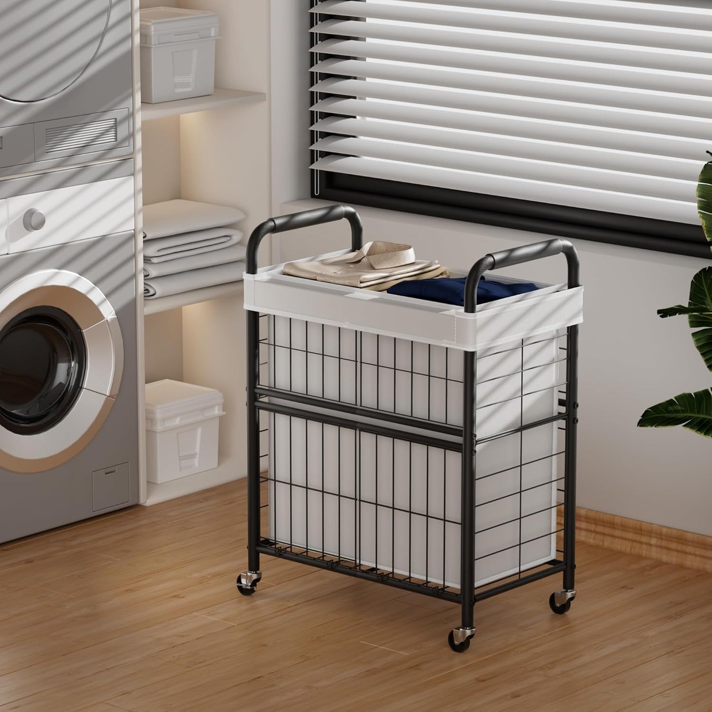 Laundry Hamper 2 Section, 110L Rolling Laundry Sorter Basket with Wheels, 2 Compartment Clothes Organizer Cart, Pull-Out Removable Bags for Laundry Room, Bathroom, Bedroom, White - NestledHome