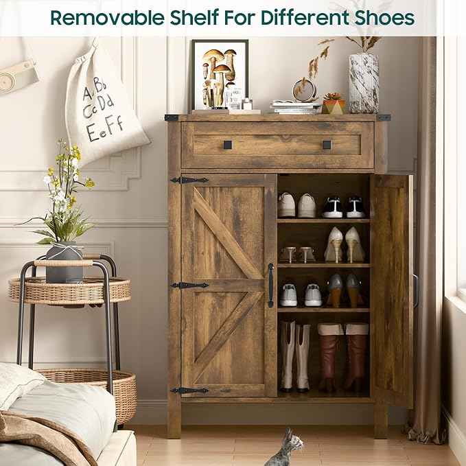Shoe Storage Cabinet, 5-Tier Farmhouse Shoe Cabinet with Adjustable Shelves & Drawer, Wooden Shoes Rack Cabinets Storage Organizer with Doors for Entryway, Hallway, Closet, Living Room, Rustic Brown