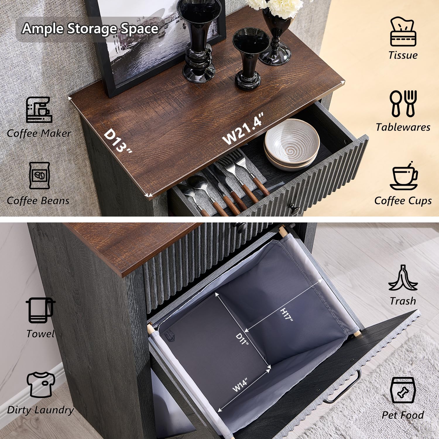 Modern Tilt-Out Trash Can Cabinet, 10 Gallon Fluted Laundry Hamper Cabinet with Drawers, Wooden Hidden Garbage Can Cabinets with Storage Basket, Free Standing for Kitchen and Living Room, Grey - NestledHome