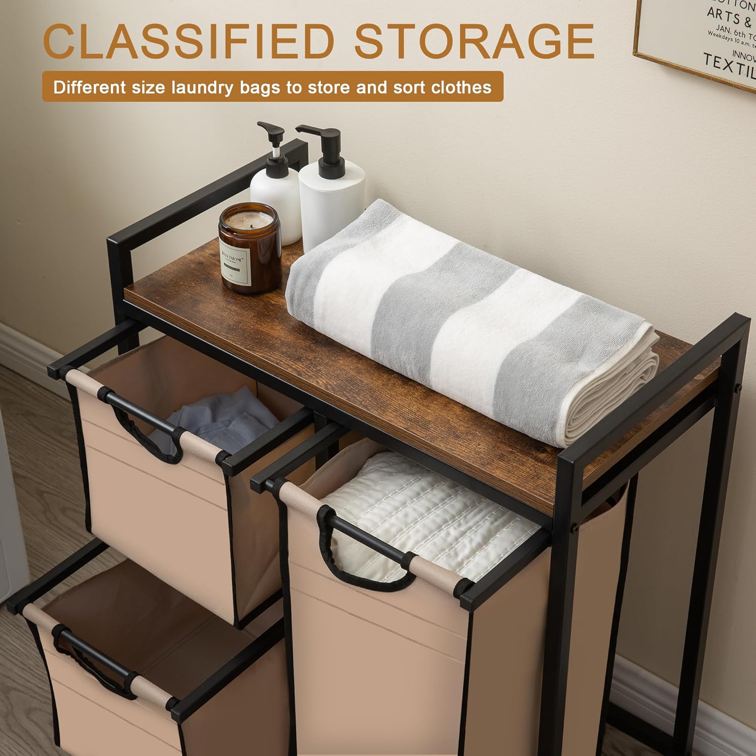 Laundry Basket Organizer - Hampers with 3 Compartments, Sliding Laundry Sorter Bags, Top Storage Shelf, Metal Frame - NestledHome
